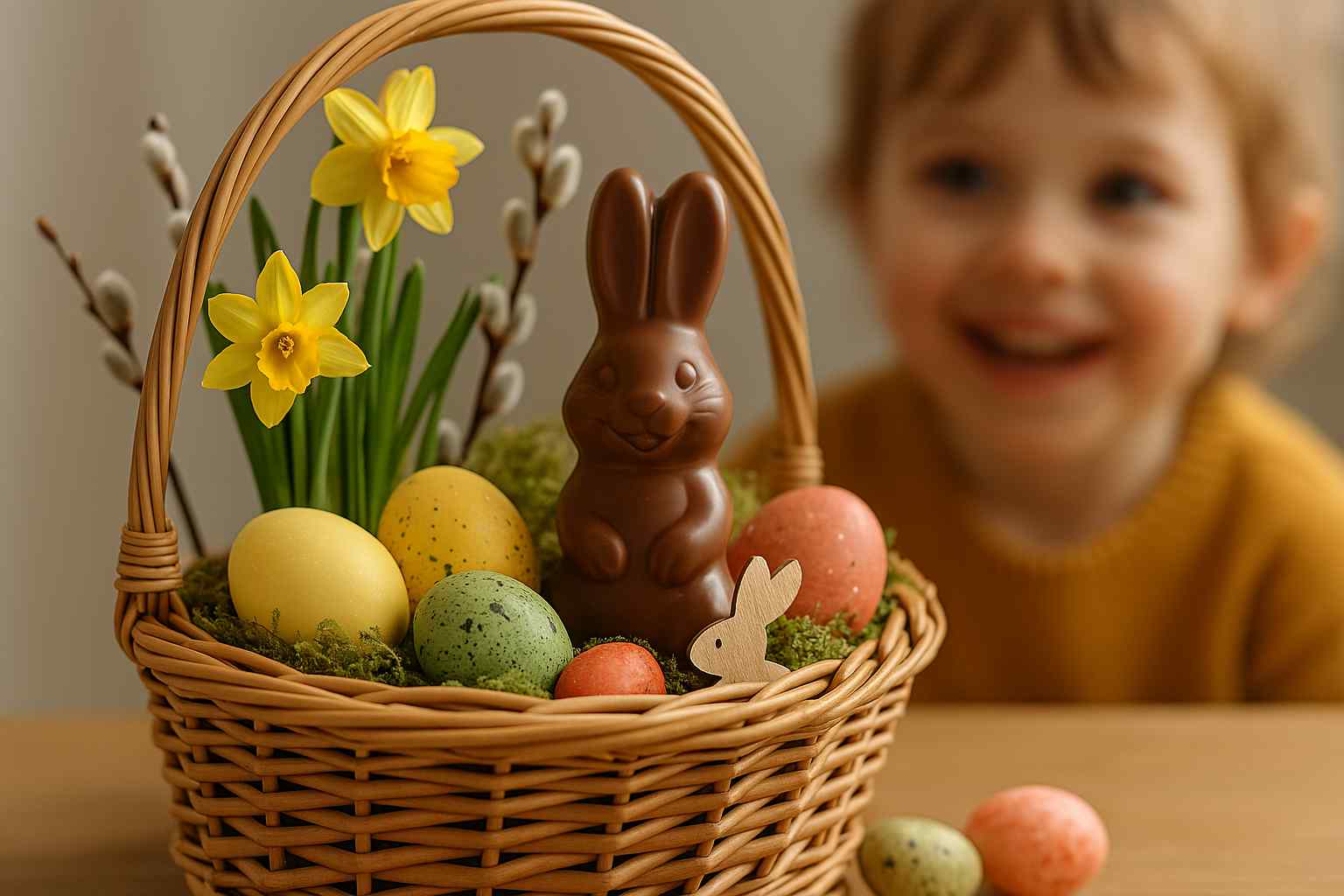 Osterkörbchen mit Blumen, Schokolade und Ostereiern vor leuchtenden Kinderaugen