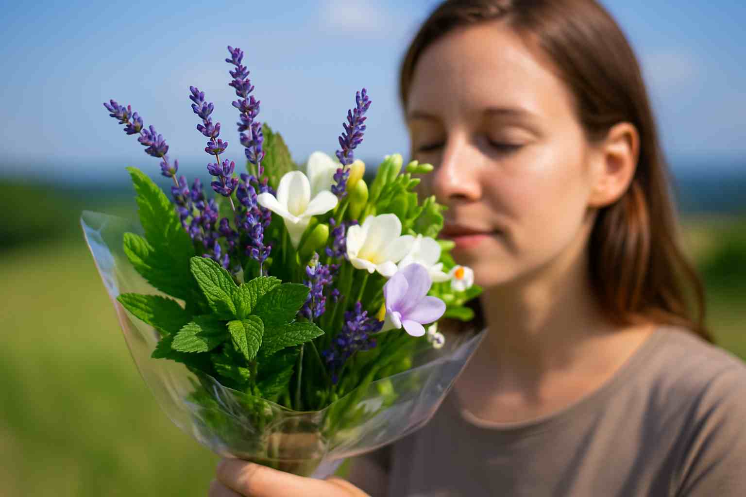 Frischer Sommerstrauß mit Lavendel, Minze, Freesien und Kamille in Folie verpackt, im Fokus. Eine unscharf dargestellte Frau hält den Strauß im Freien, im Hintergrund Wiese und blauer Himmel.