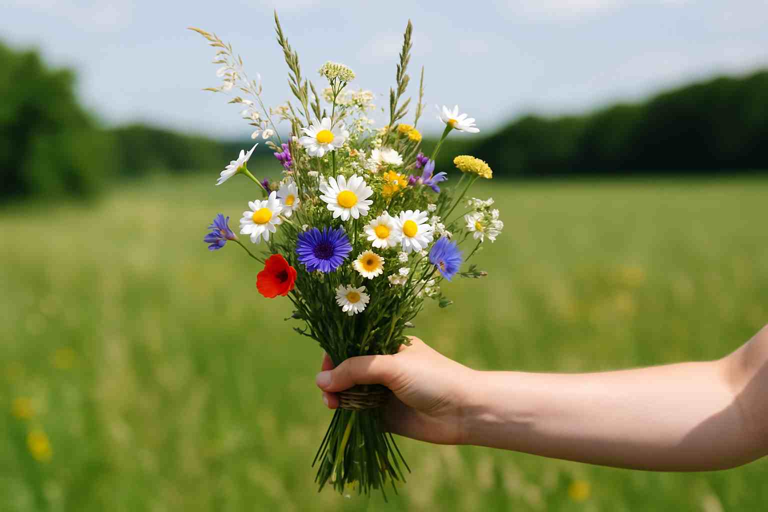 Eine Hand hält einen frisch gepflückten Wiesenstrauß mit Margeriten, Kornblumen, Mohn und Gräsern vor einer unscharfen Sommerwiese mit blauem Himmel im Hintergrund.